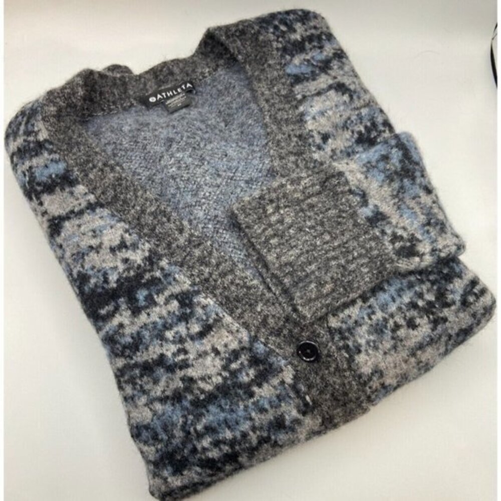 Athleta Womens‎ M Westlake Cardigan Sweater Blue Gray Camo Merino Wool V Neck